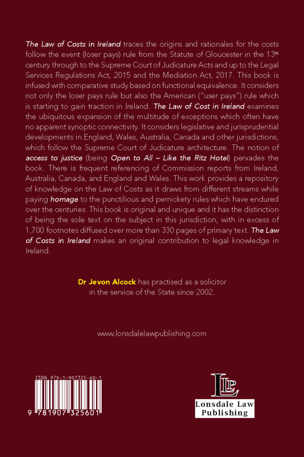 The Law of Costs in Ireland (blurb) - Dr Jevon Alcock
